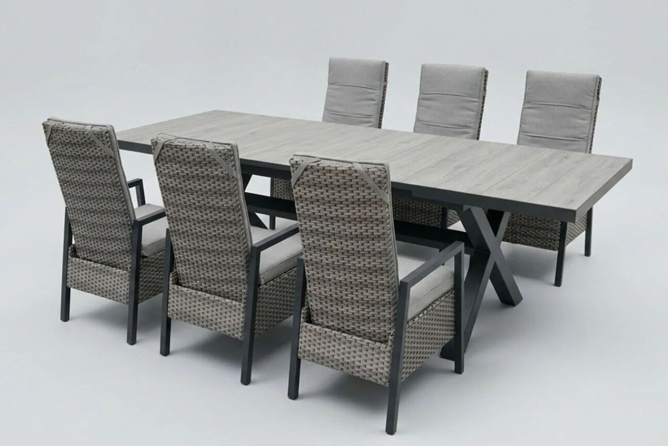Hot Louvra Select Garten-Essgruppe, natur/anthrazit, Polyrattan/Alu, Tisch 200/260 x 100 cm, 6 Sessel Polyrattan-Gartenmöbel|Garten-Essgruppen