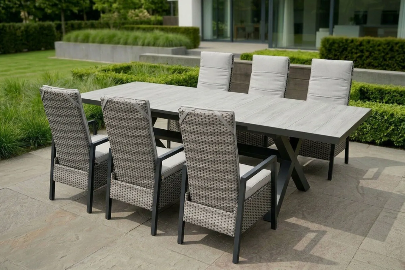 Hot Louvra Select Garten-Essgruppe, natur/anthrazit, Polyrattan/Alu, Tisch 200/260 x 100 cm, 6 Sessel Polyrattan-Gartenmöbel|Garten-Essgruppen