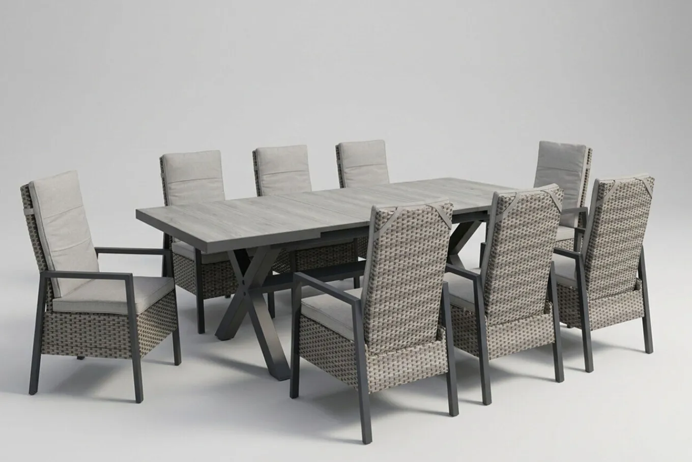 New Louvra Select Garten-Essgruppe, natur/anthrazit, Polyrattan/Alu, Tisch 200/260 x 100 cm, 8 Sessel Polyrattan-Gartenmöbel|Garten-Essgruppen
