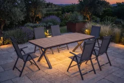 Discount Luminara Garten-Essgruppe, anthrazit matt/natur, Alu / Holzimitat, 240 x 100 cm, 6 Klappstühle, Tischplatte mit LED-Beleuchtung Aluminium-Gartenmöbel