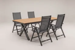 Clearance Luminara Garten-Essgruppe mit LED-Beleuchtung, anthrazit matt/natur, Aluminium / Holzimitat, 240 x 100 cm, 4 Klappstühle Aluminium-Gartenmöbel