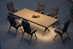 Discount Luminara Garten-Essgruppe mit LED-Beleuchtung, anthrazit matt/natur, Alu/Textilene, Tisch 240 x 100 cm, inkl. 6 Klappstühle Garten-Essgruppen