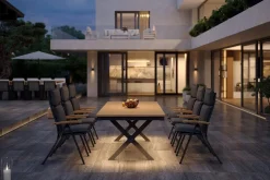 Discount Luminara Garten-Essgruppe mit LED-Beleuchtung, anthrazit matt/natur, Alu/Textilene, Tisch 240 x 100 cm, inkl. 6 Klappstühle Garten-Essgruppen