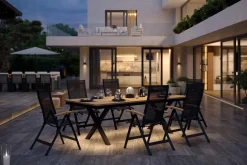 Discount Luminara Garten-Essgruppe mit LED-Beleuchtung, anthrazit matt/natur, Aluminium/Textilen/Holzimitat, 240 x 100 cm, 6 Klappstühle Garten-Essgruppen