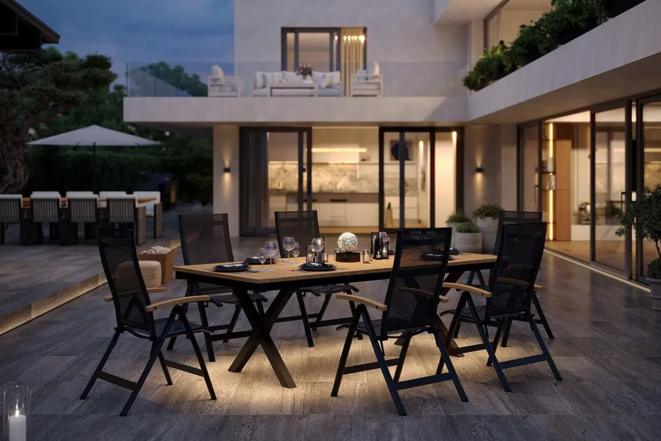 Discount Luminara Garten-Essgruppe mit LED-Beleuchtung, anthrazit matt/natur, Aluminium/Textilen/Holzimitat, 240 x 100 cm, 6 Klappstühle Garten-Essgruppen