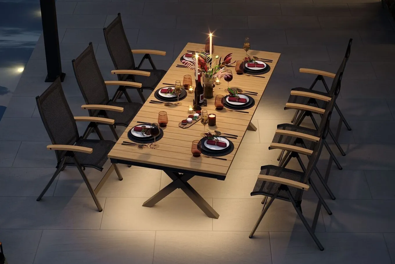 Discount Luminara Garten-Essgruppe mit LED-Beleuchtung, anthrazit matt/natur, Aluminium/Textilen/Holzimitat, 240 x 100 cm, 6 Klappstühle Garten-Essgruppen