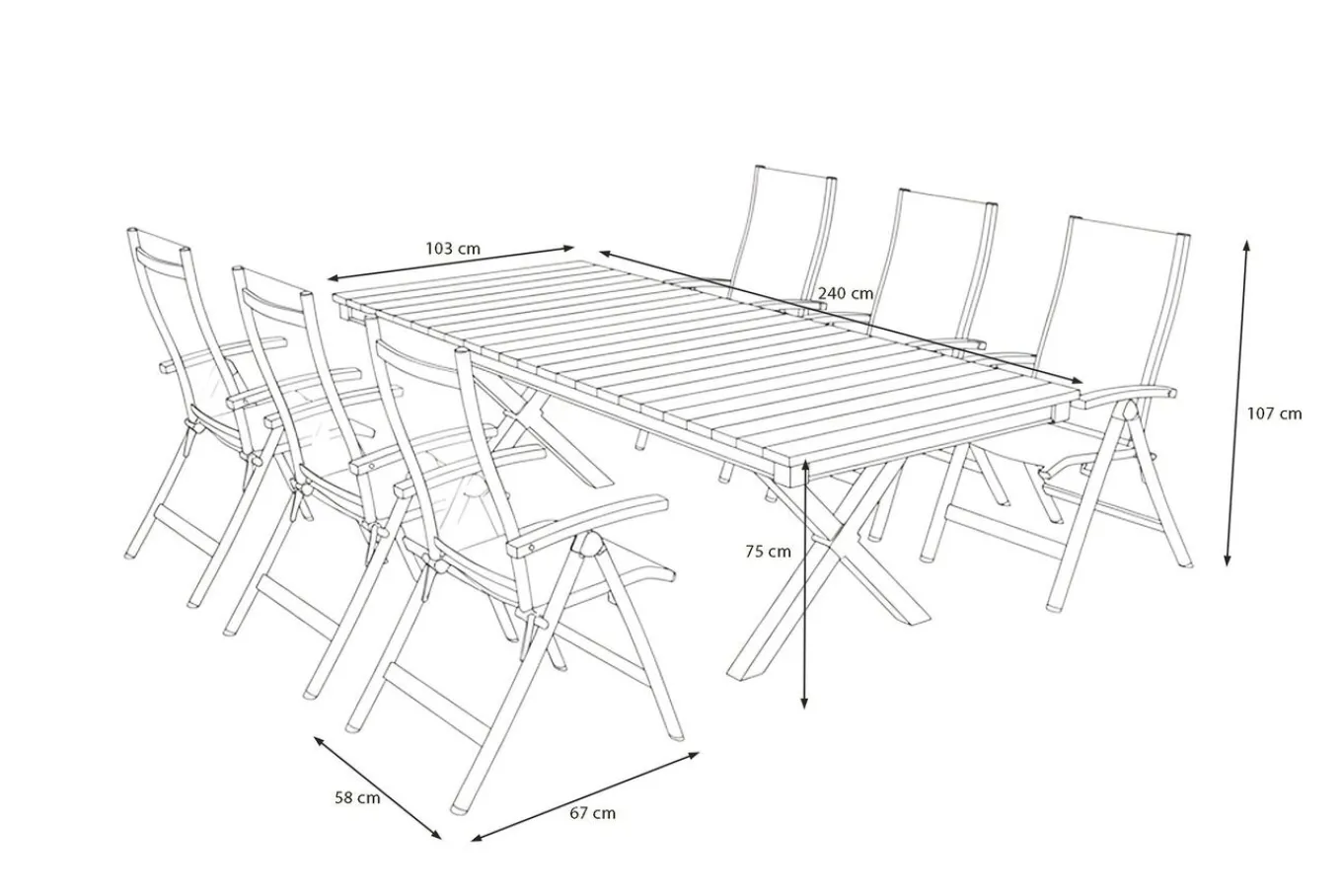 Discount Luminara Garten-Essgruppe mit LED-Beleuchtung, anthrazit matt/natur, Aluminium/Textilen/Holzimitat, 240 x 100 cm, 6 Klappstühle Garten-Essgruppen
