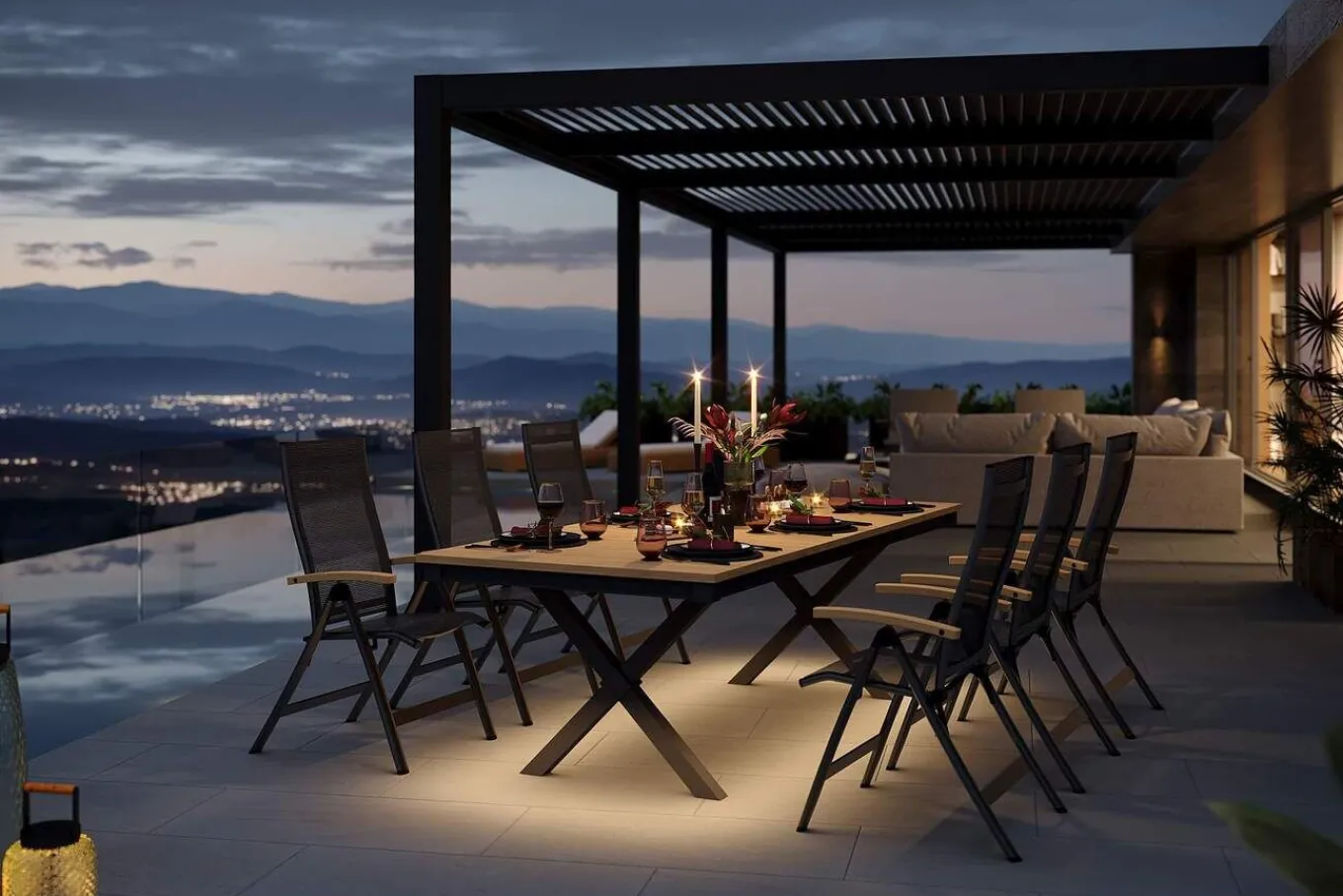 Discount Luminara Garten-Essgruppe mit LED-Beleuchtung, anthrazit matt/natur, Aluminium/Textilen/Holzimitat, 240 x 100 cm, 6 Klappstühle Garten-Essgruppen