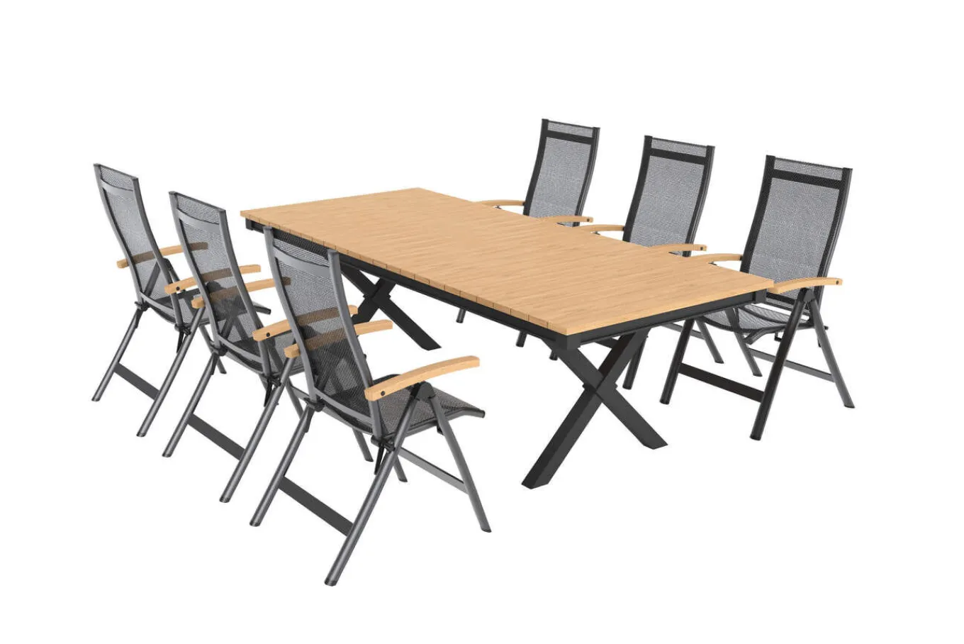 Discount Luminara Garten-Essgruppe mit LED-Beleuchtung, anthrazit matt/natur, Aluminium/Textilen/Holzimitat, 240 x 100 cm, 6 Klappstühle Garten-Essgruppen