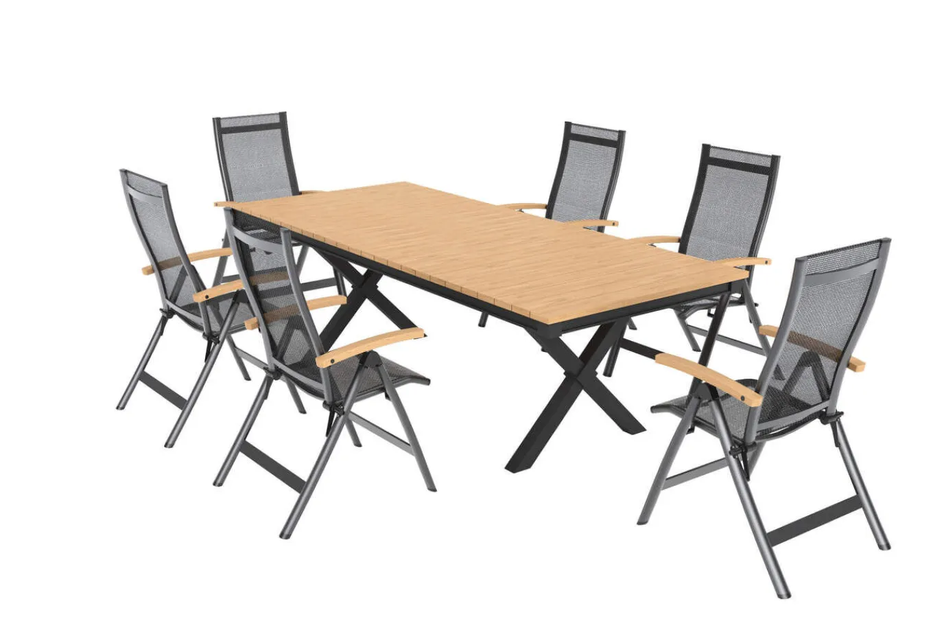 Discount Luminara Garten-Essgruppe mit LED-Beleuchtung, anthrazit matt/natur, Aluminium/Textilen/Holzimitat, 240 x 100 cm, 6 Klappstühle Garten-Essgruppen