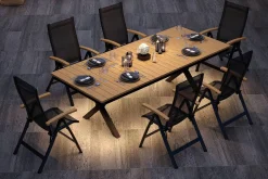 Discount Luminara Garten-Essgruppe mit LED-Beleuchtung, anthrazit matt/natur, Aluminium/Textilen/Holzimitat, 240 x 100 cm, 6 Klappstühle Garten-Essgruppen
