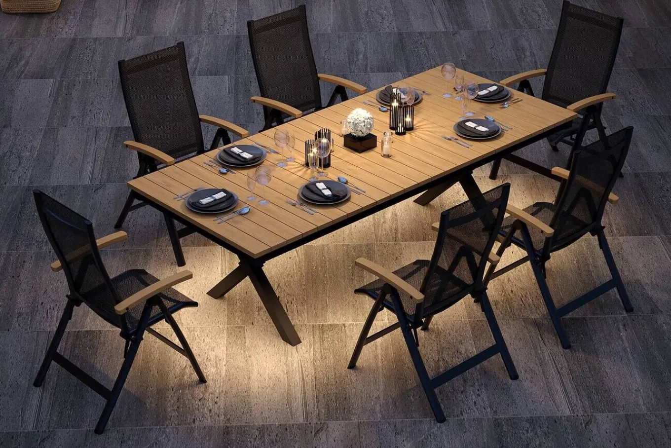 Discount Luminara Garten-Essgruppe mit LED-Beleuchtung, anthrazit matt/natur, Aluminium/Textilen/Holzimitat, 240 x 100 cm, 6 Klappstühle Garten-Essgruppen