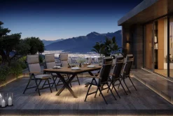 Outlet Luminara Garten-Essgruppe mit LED-Beleuchtung, anthrazit matt/natur, Alu / Textilen / Holzimitat, 240 x 100 cm, 6 Klappstühle, inkl. Auflagen Garten-Essgruppen