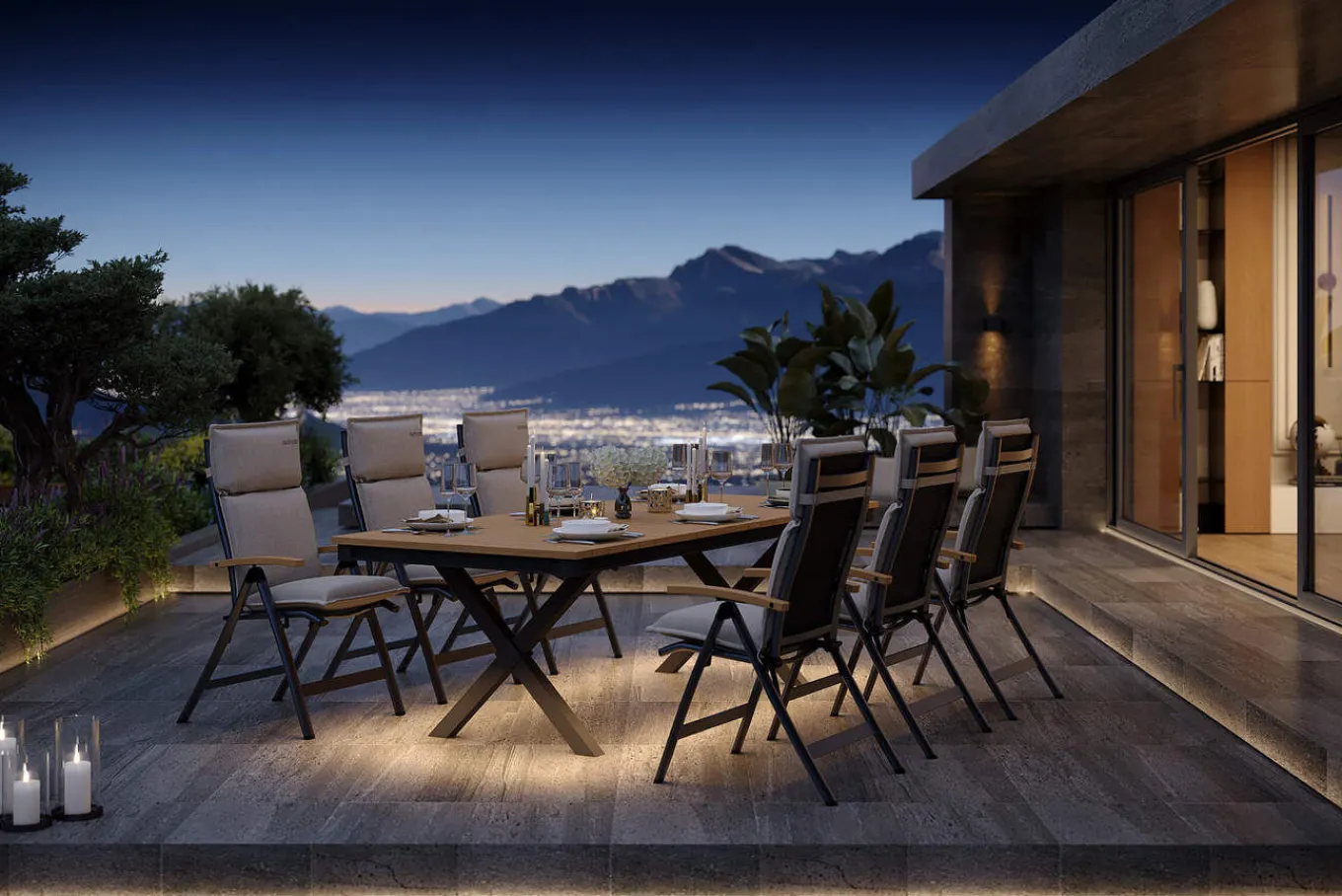 Outlet Luminara Garten-Essgruppe mit LED-Beleuchtung, anthrazit matt/natur, Alu / Textilen / Holzimitat, 240 x 100 cm, 6 Klappstühle, inkl. Auflagen Garten-Essgruppen