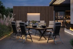 Outlet Luminara Garten-Essgruppe mit LED-Beleuchtung, anthrazit matt/natur, Alu / Textilen / Holzimitat, 240 x 100 cm, 6 Klappstühle, inkl. Auflagen Garten-Essgruppen