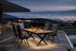 Outlet Luminara Garten-Essgruppe mit LED-Beleuchtung, anthrazit matt/natur, Aluminium/Textilen/Holzimitat, 240 x 100 cm, 4 Klappstühle, inkl. Auflagen Garten-Essgruppen