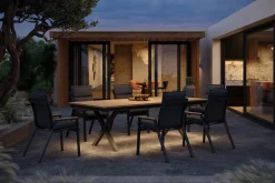 Best Luminara Garten-Essgruppe mit LED-Beleuchtung, anthrazit matt/natur, Alu/Holzimitat, 240 x 100 cm, inklusive Auflagen, 6 Stapelsessel Garten-Essgruppen