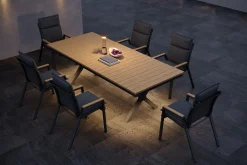 Best Luminara Garten-Essgruppe mit LED-Beleuchtung, anthrazit matt/natur, Alu/Holzimitat, 240 x 100 cm, inklusive Auflagen, 6 Stapelsessel Garten-Essgruppen