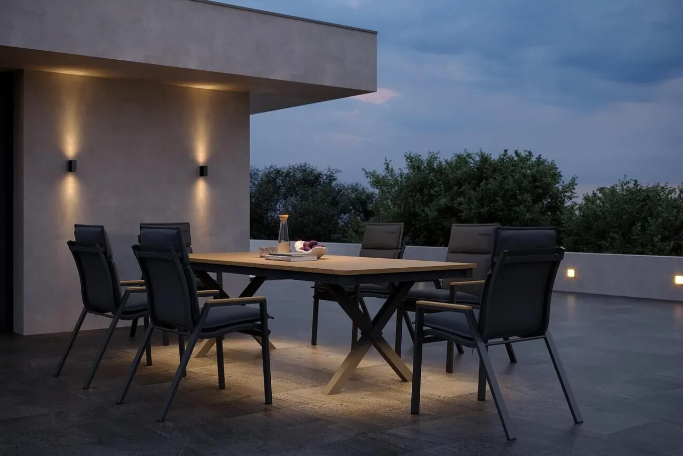 Best Luminara Garten-Essgruppe mit LED-Beleuchtung, anthrazit matt/natur, Alu/Holzimitat, 240 x 100 cm, inklusive Auflagen, 6 Stapelsessel Garten-Essgruppen