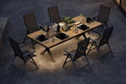 Best Luminara Garten-Essgruppe, anthrazit matt/natur, Alu / Holzimitat / Textilen, 240 x 100 cm, 6 Klappstühle, Tischplatte mit LED-Beleuchtung Garten-Essgruppen