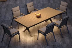 Clearance Luminara Garten-Essgruppe, anthrazit matt/natur, Holzimitat/Alu, 240 x 100 cm, 6 Stapelsessel, inkl. Auflagen, mit LED-Beleuchtung Garten-Essgruppen