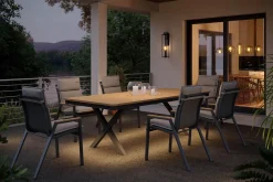 Clearance Luminara Garten-Essgruppe, anthrazit matt/natur, Holzimitat/Alu, 240 x 100 cm, 6 Stapelsessel, inkl. Auflagen, mit LED-Beleuchtung Garten-Essgruppen