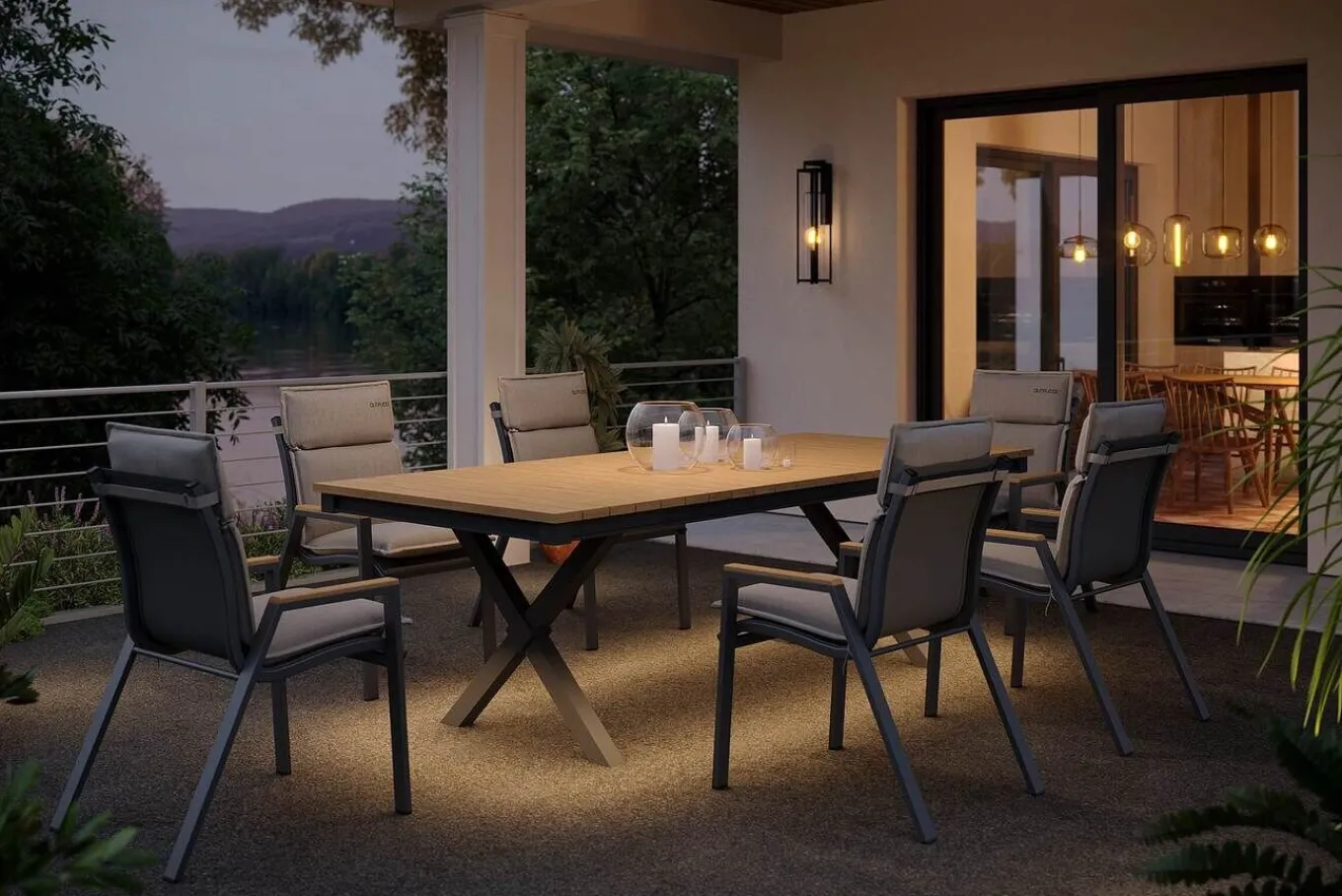 Clearance Luminara Garten-Essgruppe, anthrazit matt/natur, Holzimitat/Alu, 240 x 100 cm, 6 Stapelsessel, inkl. Auflagen, mit LED-Beleuchtung Garten-Essgruppen