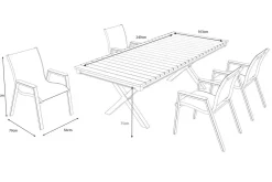 Hot Luminara Garten-Essgruppe mit LED-Beleuchtung, anthrazit matt/natur, Aluminium/Holzimitat/Textilene, Tisch 240 x 100 cm, 4 stapelbare Sessel Garten-Essgruppen