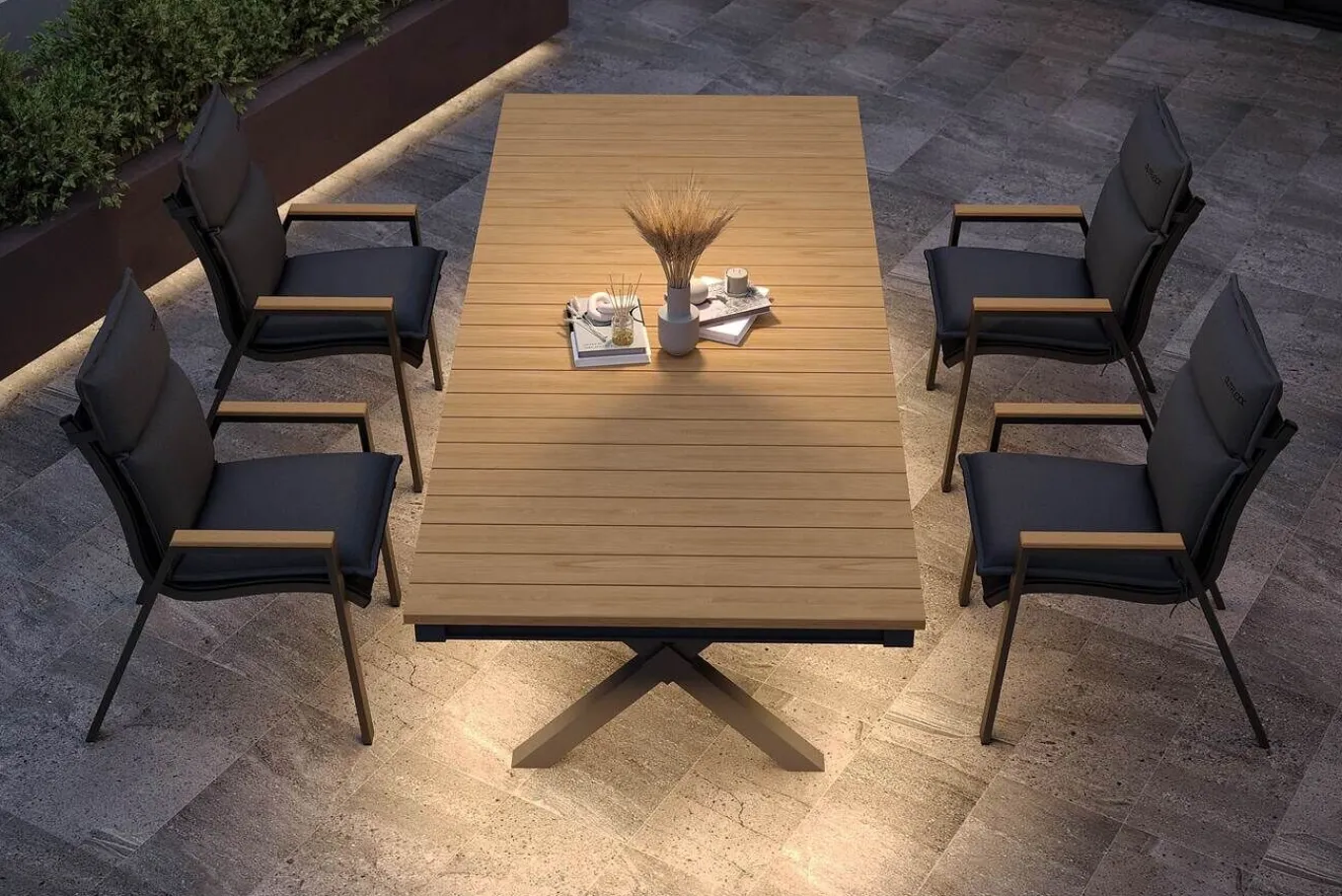 Clearance Luminara Garten-Essgruppe, anthrazit matt/natur, Alu/Holzimitat, 240 x 100 cm, 4 Stapelsessel, inkl. Auflagen, mit LED-Beleuchtung Garten-Essgruppen