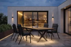 Clearance Luminara Garten-Essgruppe, anthrazit matt/natur, Alu/Holzimitat, 240 x 100 cm, 4 Stapelsessel, inkl. Auflagen, mit LED-Beleuchtung Garten-Essgruppen