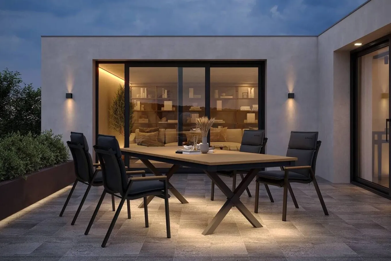 Clearance Luminara Garten-Essgruppe, anthrazit matt/natur, Alu/Holzimitat, 240 x 100 cm, 4 Stapelsessel, inkl. Auflagen, mit LED-Beleuchtung Garten-Essgruppen