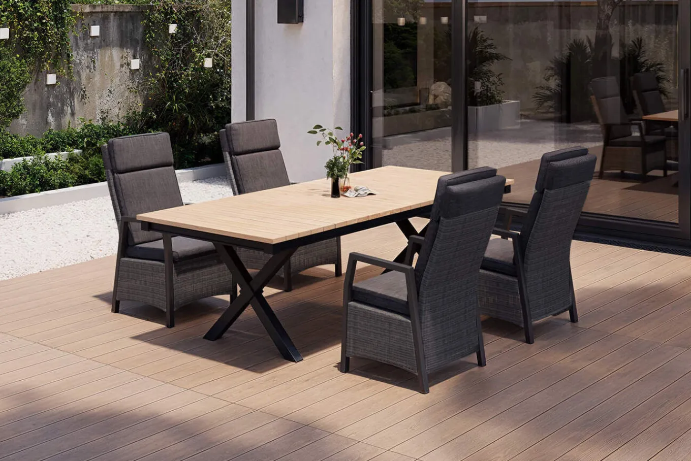 Sale Luminara Garten-Essgruppe mit LED-Beleuchtung, anthrazit/natur, Aluminium/Polyrattan/Holzimitat, Tisch 240 x 100 cm, 4 Sessel Garten-Essgruppen