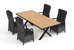 Sale Luminara Garten-Essgruppe mit LED-Beleuchtung, anthrazit/natur, Aluminium/Polyrattan/Holzimitat, Tisch 240 x 100 cm, 4 Sessel Garten-Essgruppen