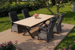 Sale Luminara Garten-Essgruppe mit LED-Beleuchtung, anthrazit/natur, Aluminium/Polyrattan/Holzimitat, Tisch 240 x 100 cm, 4 Sessel Garten-Essgruppen