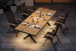 New Luminara Garten-Essgruppe mit LED-Beleuchtung, anthrazit matt/natur, Aluminium/Textilen/Holzimitat, 240 x 100 cm, 4 Klappstühle Garten-Essgruppen