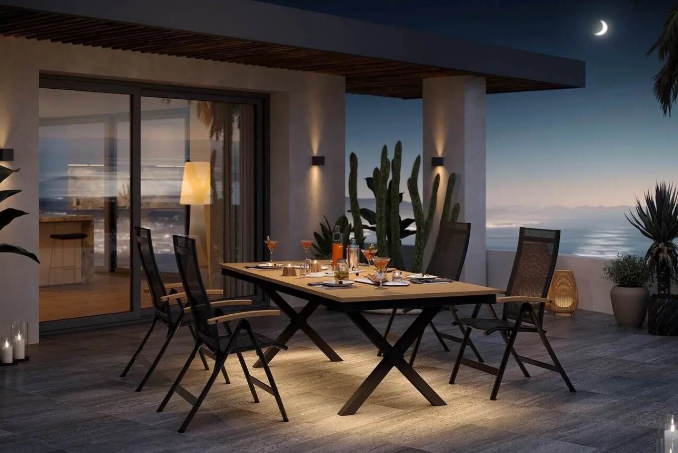 New Luminara Garten-Essgruppe mit LED-Beleuchtung, anthrazit matt/natur, Aluminium/Textilen/Holzimitat, 240 x 100 cm, 4 Klappstühle Garten-Essgruppen