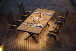 New Luminara Garten-Essgruppe mit LED-Beleuchtung, anthrazit matt/natur, Aluminium/Textilen/Holzimitat, 240 x 100 cm, 4 Klappstühle Garten-Essgruppen