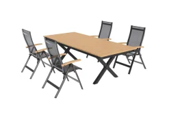 New Luminara Garten-Essgruppe mit LED-Beleuchtung, anthrazit matt/natur, Aluminium/Textilen/Holzimitat, 240 x 100 cm, 4 Klappstühle Garten-Essgruppen