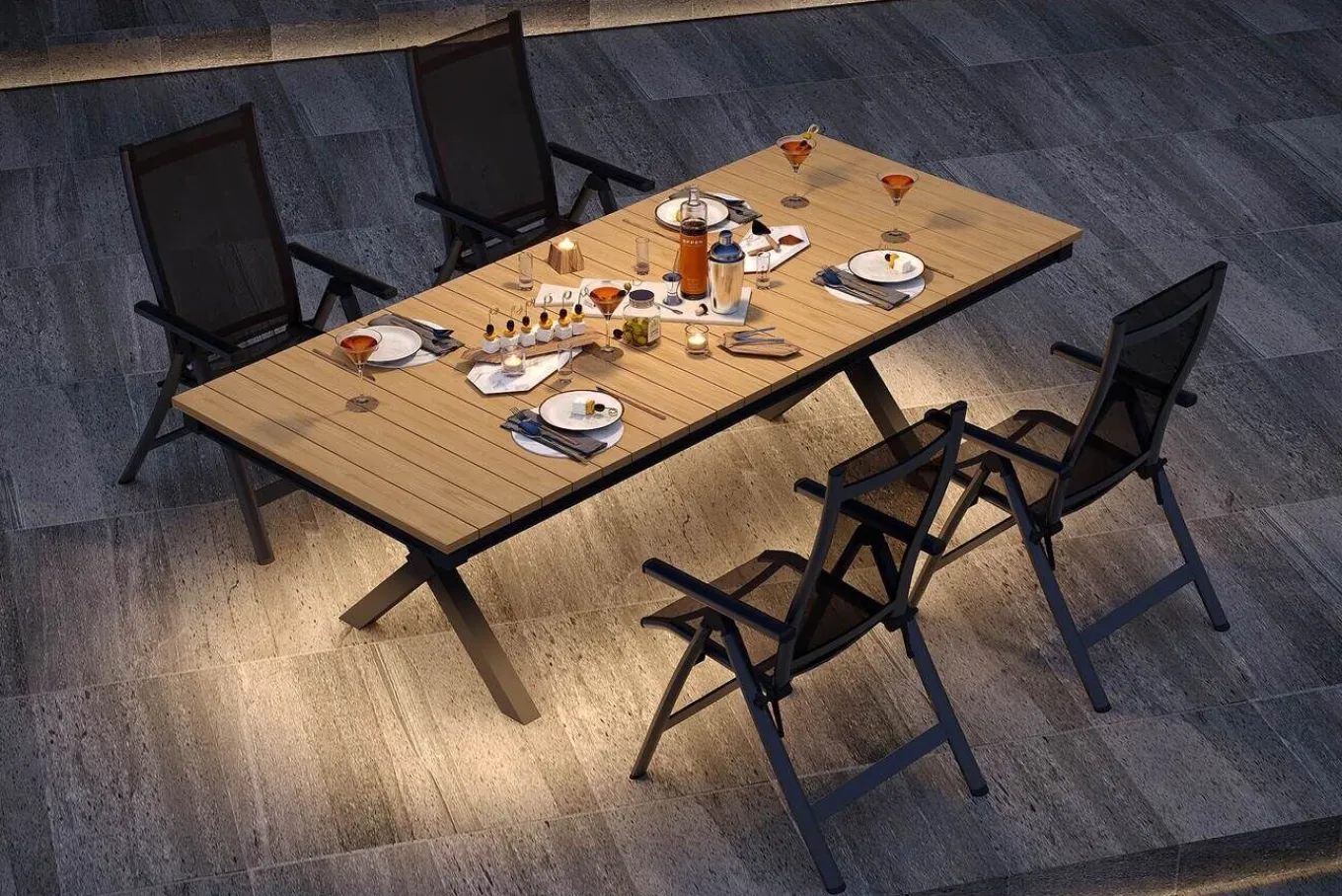 Luminara Garten-Essgruppe, anthrazit matt/natur, Alu / Holzimitat / Textilen, 240 x 100 cm, 4 Klappstühle, LED-Beleuchtung Garten-Essgruppen