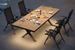 Luminara Garten-Essgruppe, anthrazit matt/natur, Alu / Holzimitat / Textilen, 240 x 100 cm, 4 Klappstühle, LED-Beleuchtung Garten-Essgruppen