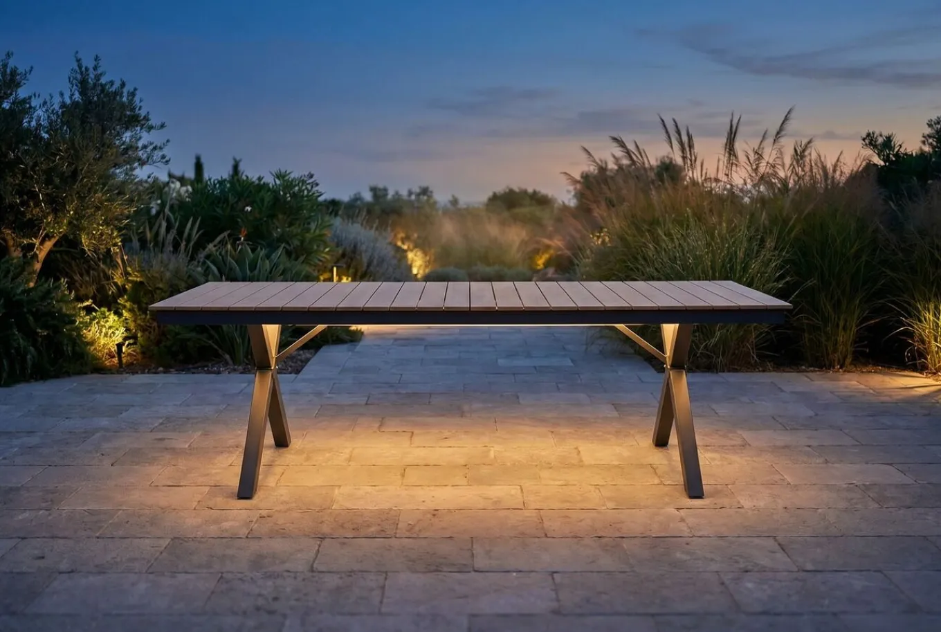 Online Luminara LED-Esstisch, anthrazit/natur, Aluminium/Holzimitat, 240 x 100 cm, X-Gestell, pulverbeschichtet, mit beleuchtetem Tischrahmen Gartentische