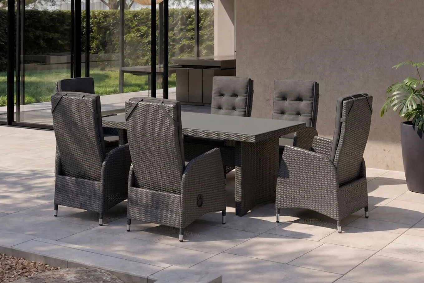 Hot Malta Garten-Essgruppe, 6 Personen, inkl. Polster, 200x95cm, Alu/Polyrattan Polyrattan-Gartenmöbel|Garten-Essgruppen