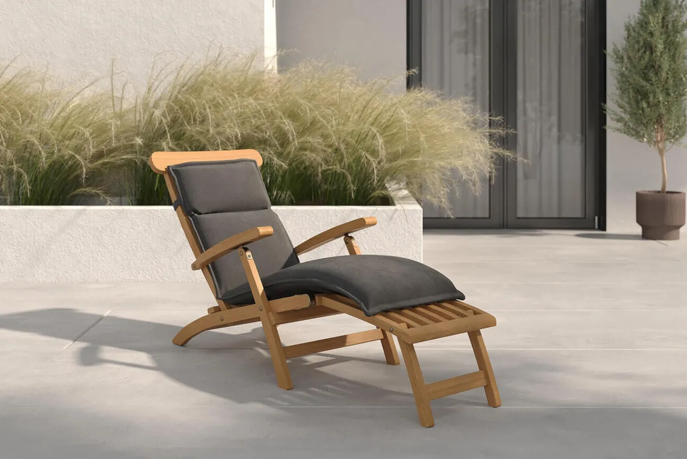 Matera Gartenliege, naturbelassen/anthrazit, Teak/Polyester, 165 x 58 cm, klappbar, mit Fußkappen, UV-beständig Gartenliegen