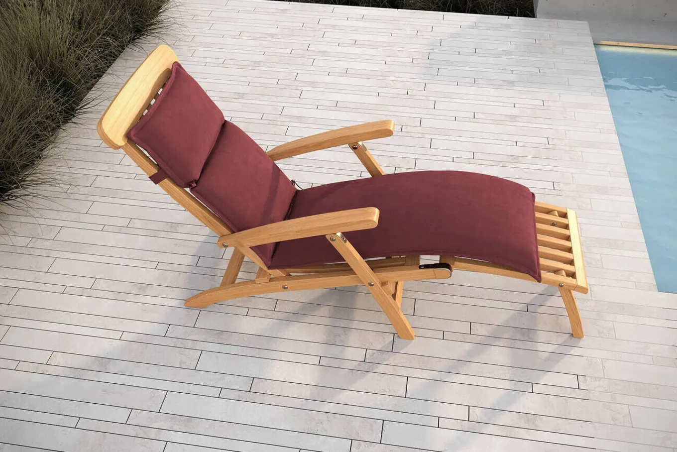 Online Matera Gartenliege, natur/bordeaux, Teakholz/Polyester, 165 x 58 cm, klappbar, witterungsbeständig, mit Fußkappen Gartenliegen