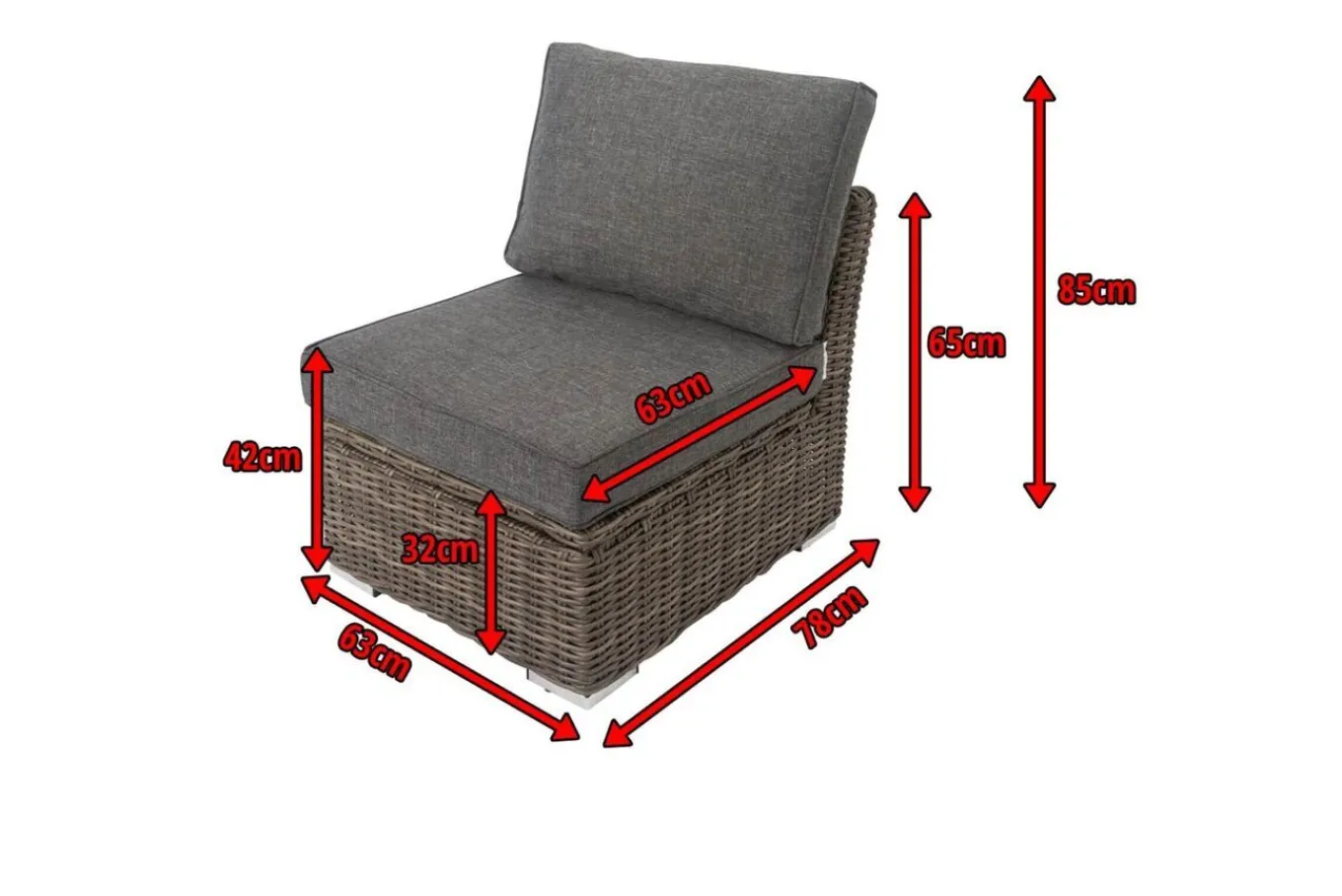 Mittelelement, grau, Polyrattan, 63 x 78 x 65 cm, geeignet für 18370-BOX-A/-D Polyrattan-Gartenmöbel|Gartenlounge