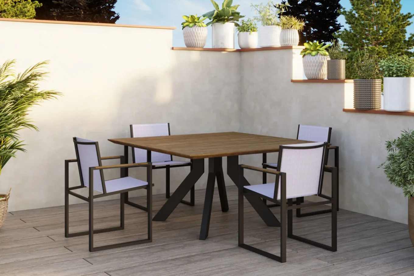 Motavi Esstisch, anthrazit/natur, Alu/recyceltes Teak, 150 x 150 cm, rustikal gebürstet, FSC®-zertifiziertes Produkt Gartentische