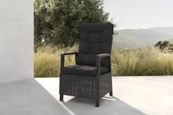 Online Nova Diningsessel, anthrazit/grau, Alu/Polyrattan, 58 x 68 x 108 cm, verstellbare Rückenlehne, mit Teakholz-Armlehnen, FSC®-zertifiziertes Produkt Aluminium-Gartenmöbel|Gartenstühle & Gartensessel
