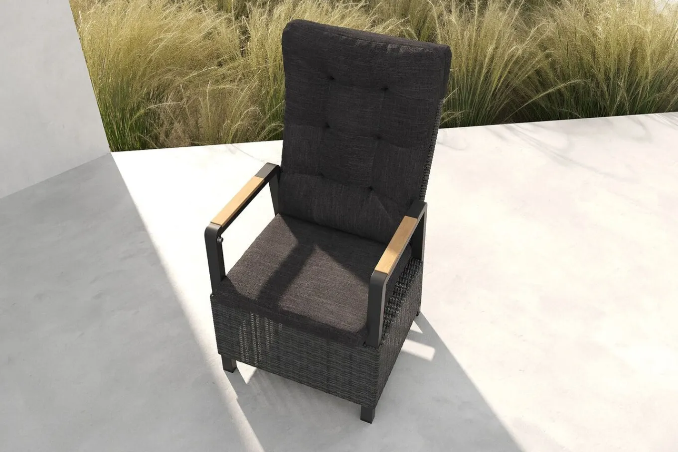 Online Nova Diningsessel, anthrazit/grau, Alu/Polyrattan, 58 x 68 x 108 cm, verstellbare Rückenlehne, mit Teakholz-Armlehnen, FSC®-zertifiziertes Produkt Aluminium-Gartenmöbel|Gartenstühle & Gartensessel