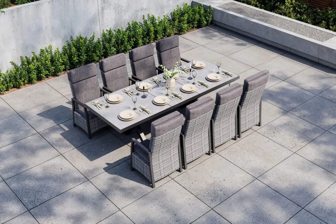 New Nova Garten-Essgruppe, schwarz/anthrazit/grau, Aluminium/Polyrattan/Steinimitat, Tisch 200/260 x 100 cm, 8 Diningsessel Garten-Essgruppen