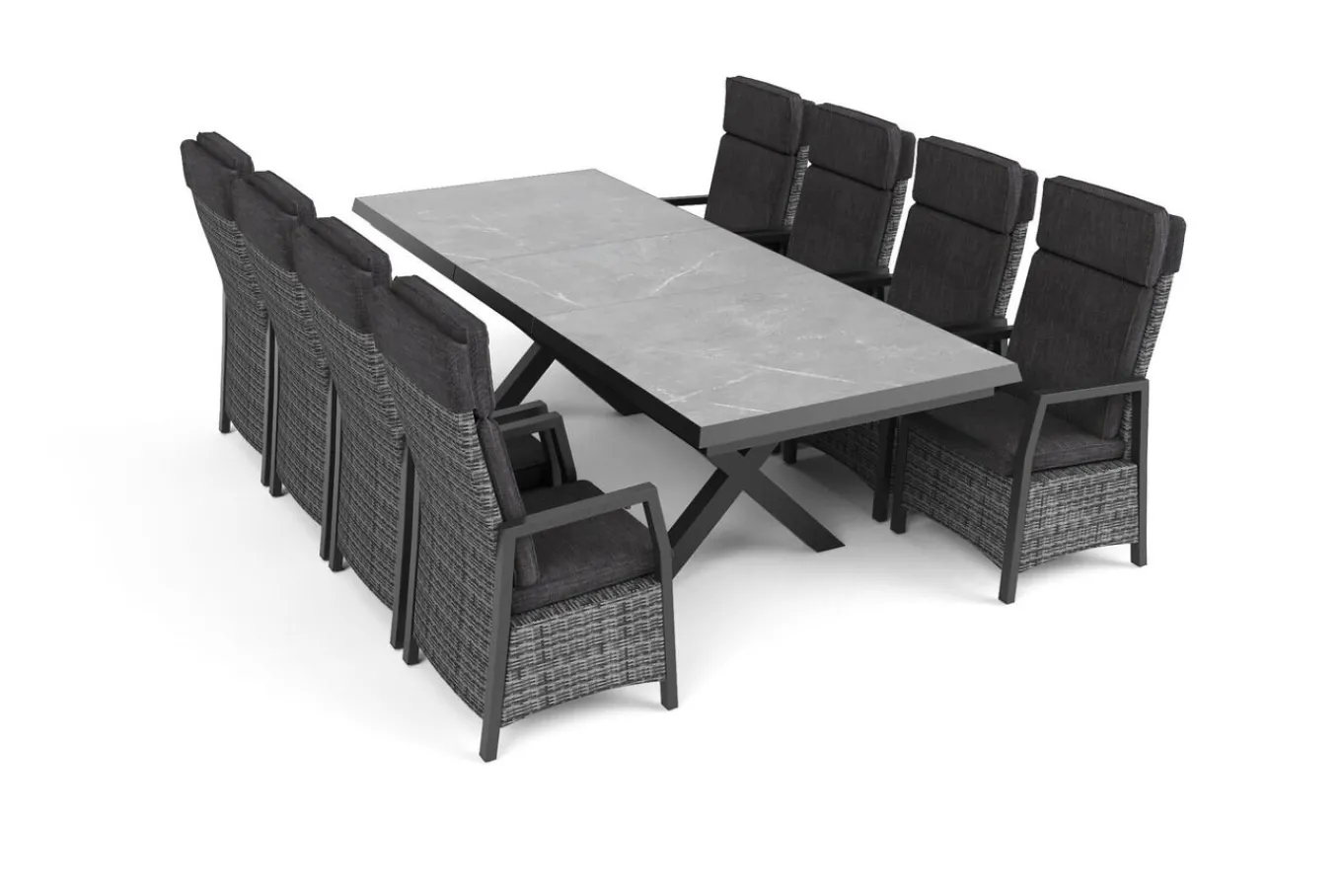 New Nova Garten-Essgruppe, schwarz/anthrazit/grau, Aluminium/Polyrattan/Steinimitat, Tisch 200/260 x 100 cm, 8 Diningsessel Garten-Essgruppen